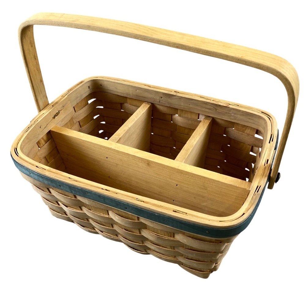 Woven Wood Divided Picnic Basket Caddy Green Trim Swing Handle Farmhouse Decor